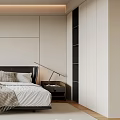 Modern Minimalist Bedroom Interior With Large Bed Black Headboard White Bedding And Wardrobe