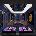 Elegant KTV Room Featuring Black Blue Lighting Starry Ceiling Golden Pattern Decor And Illuminated Tables