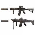 Camouflaged Tactical Rifle And Gray Military Machine Gun With Silencer Tripod And Accessories