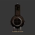 Rusty Metal Stove with Cylindrical Chimney Grilled Door and Short Legs on Wooden Base