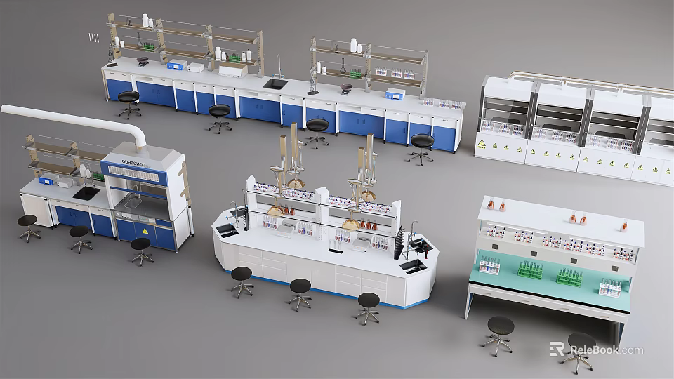 Functional Laboratory Tables With Blue White Design Shelves Stools And Instruments 3d model 