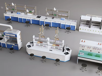Functional Laboratory Tables With Blue White Design Shelves Stools And Instruments 3d model