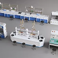Functional Laboratory Tables With Blue White Design Shelves Stools And Instruments 3d model