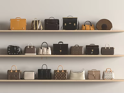 Multiple Various Style Handbags In Different Colors Neatly Arranged On Three Tiered Wooden Shelf 3d model