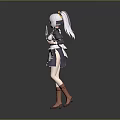 White Haired Game Anime Character with Yellow Headdress Apron Brown Boots holding Knife and Scroll
