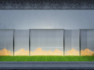 Contemporary Landscape Feature Wall With Gray Panels Warm Lighting And Green Grass Base 3d model