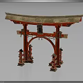 Traditional Red Japanese Torii Gate With Wooden Structure And Gold Accents