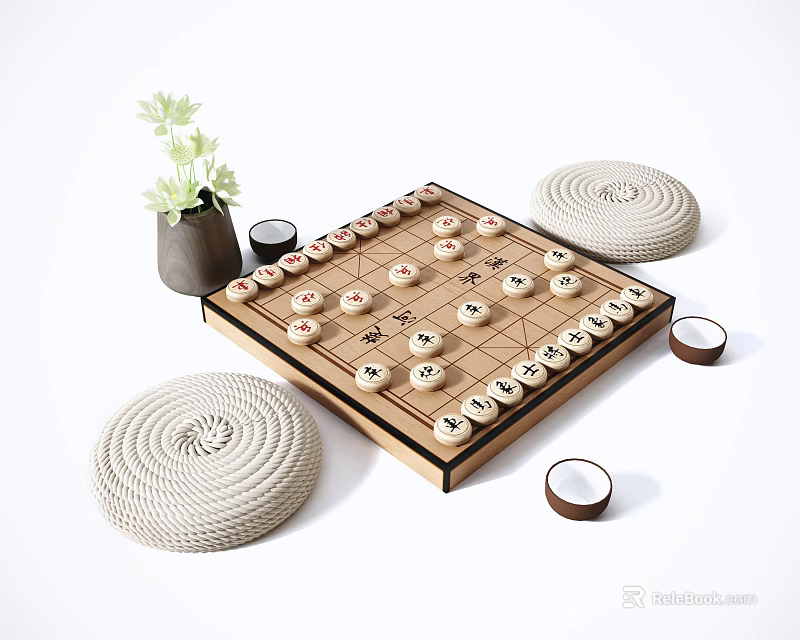 Chinese Chess Entertainment Setup With Wooden Board Pieces Woven Cushions Green Plant And Coconut Cups 3d model 