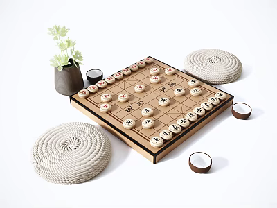 Chinese Chess Entertainment Setup With Wooden Board Pieces Woven Cushions Green Plant And Coconut Cups 3d model