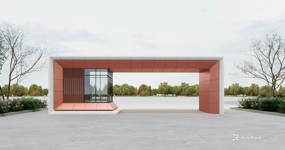 Modern Entrance Gate Design With Rose Gold Metal Frame Glass Panels And Lakeside Trees 3d model 