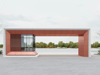 Modern Entrance Gate Design With Rose Gold Metal Frame Glass Panels And Lakeside Trees 3d model