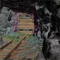 Mine Tunnel Interior With Rail Tracks Wooden Support And Rock Walls