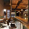 Stylish Bar Interior Design With Wooden Ceiling Pendant Lights Bar Counter And Tables