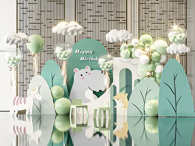 Green And White Kids Birthday Party Decoration With Cloud Balloons And Animal Figures 3d model