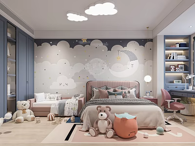 Cozy Kids Room Interior Design With Cloud Shaped Lights Star Cloud Wallpaper And Teddy Bears 3d model