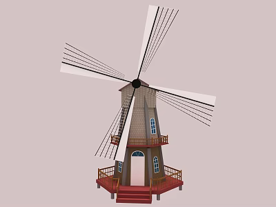 Traditional Windmill Structure With Wooden Blades Tower Platform And Red Staircase 3d model