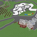 Modern Park Landscape With Geometric White Canopies Green Trees Winding Paths And Children's Playground