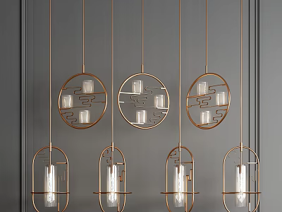 Multiple Hanging Chandeliers With Golden Metal Circular Oval Frames And Transparent Glass Shades 3d model