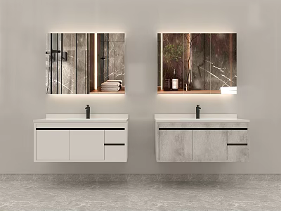 Modern Double Bathroom Vanity With Backlit Mirrors White Cabinetry And Gray Countertops 3d model