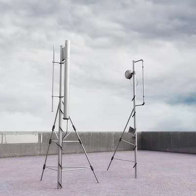 Silver Metal Industrial Equipment With Tripod Base And Antenna Structure On Roof Platform 3d model