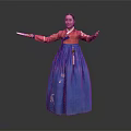 Woman Wearing Traditional Red Top and Blue Skirt Holding Fan with Elegant Gesture