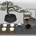 Traditional Tea Set With Black Teapot White Teacups Gray Jar And Bonsai Tree On Tray