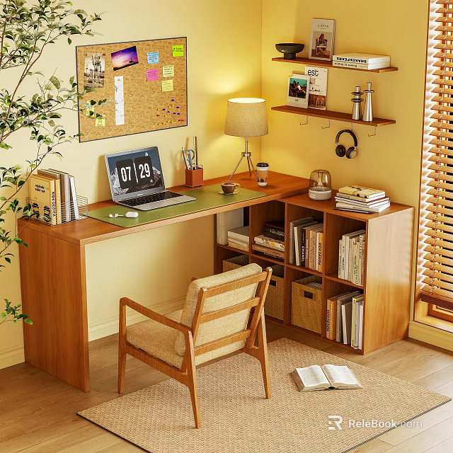 Wooden Home Office Desk With Laptop Lamp Stationery Bookshelf And Chair 3d model 
