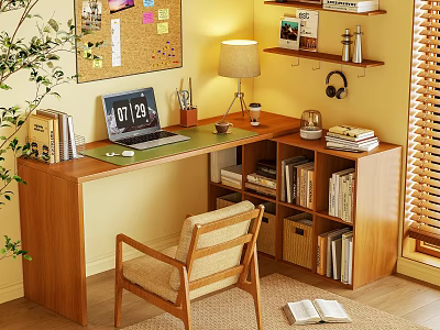 Wooden Home Office Desk With Laptop Lamp Stationery Bookshelf And Chair 3d model