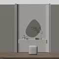 Modern Dressing Table With Oval Mirror White Stool And Skincare Products On Wooden Floor