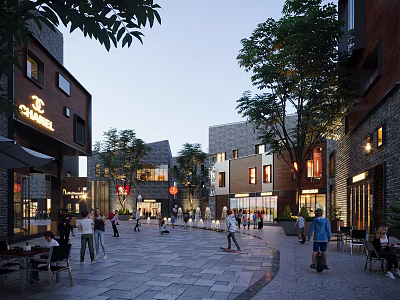 Vibrant Commercial Street with Pedestrians Trees Cafes Buildings and Evening Lighting 3d model