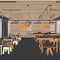 Modern Office Workspace With Open Layout Wooden Ceiling Desks Chairs And Bookshelves