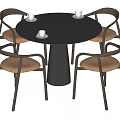 Round Black Tabletop Dining Table With Four Curved Backrest Light Brown Chairs 3d model