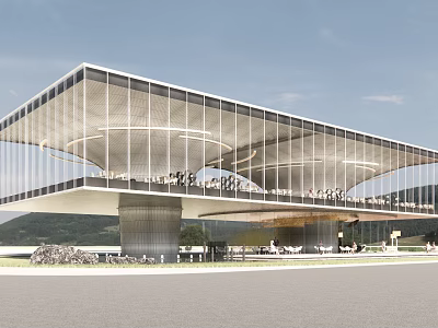 Modern School Building With Glass Curtain Wall Concrete Pillars And Spacious Roof Design 3d model
