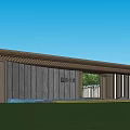 Modern Wooden Entrance Gate With Slatted Roof And Grass Lawn Front