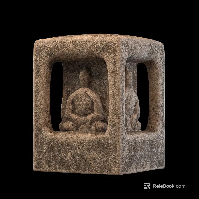Rough Stone Carving Sculpture With Cube Structure And Seated Meditating Figures 3d model 