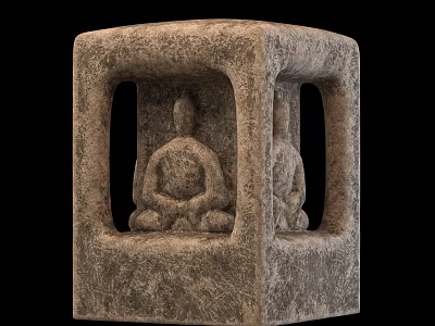 Rough Stone Carving Sculpture With Cube Structure And Seated Meditating Figures 3d model