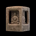 Rough Stone Carving Sculpture With Cube Structure And Seated Meditating Figures 3d model
