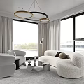 Modern White Plush Sofa and Coffee Table Set With Floor to Ceiling Windows Curtains and Round Rug