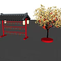 Traditional Chinese Pavilion With Red Frame Black Roof And Golden Tree With Red Decorations