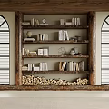 Wooden Bookshelf With Arched Shutter Windows And Multiple Shelves Holding Books Decorations And Firewood Stack