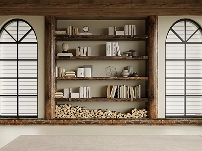 Wooden Bookshelf With Arched Shutter Windows And Multiple Shelves Holding Books Decorations And Firewood Stack 3d model