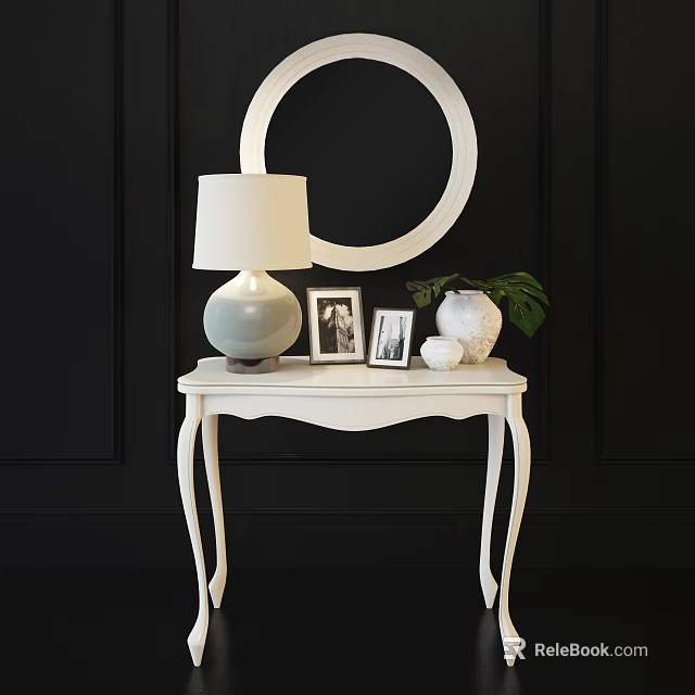 Decorative Console Table with Table Lamp Photo Frames Vase Green Plant and Round Mirror 3d model