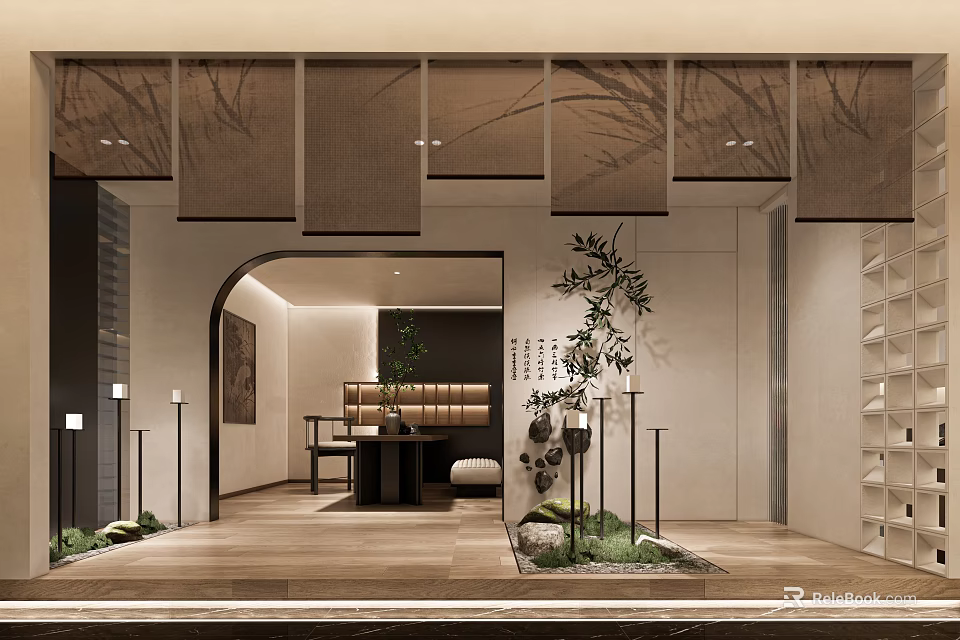 Traditional Tea House Interior With Wooden Flooring Green Plants And Zen Decor 3d model 