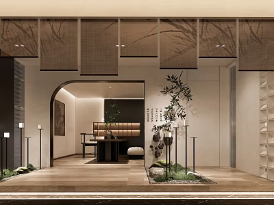 Traditional Tea House Interior With Wooden Flooring Green Plants And Zen Decor 3d model