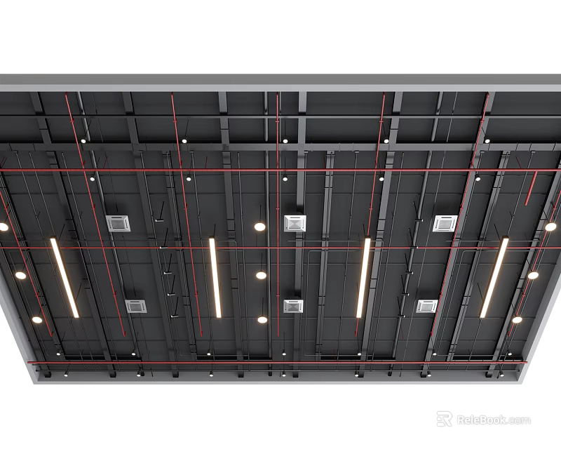 Modern Industrial Suspended Ceiling With Black Metal Framing Red Accent Lines And Recessed Linear Lights 3d model 