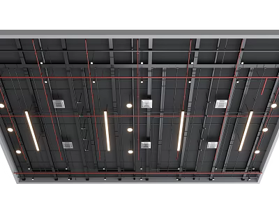 Modern Industrial Suspended Ceiling With Black Metal Framing Red Accent Lines And Recessed Linear Lights 3d model