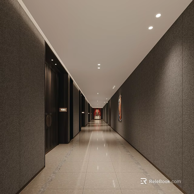 Modern Hotel Corridor With Dark Walls Ceiling Lights And Artworks 3d model 