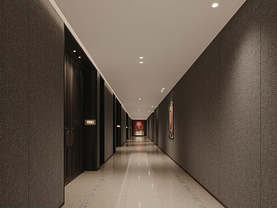 Modern Hotel Corridor With Dark Walls Ceiling Lights And Artworks 3d model