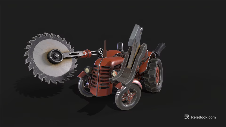 Red Tractor With Large Circular Saw Blade And Metal Structure Wheels Design 3d model