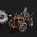 Red Tractor With Large Circular Saw Blade And Metal Structure Wheels Design 3d model